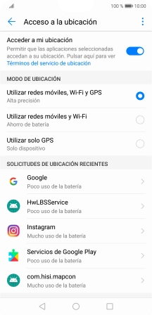 Si seleccionas Utilizar redes móviles, Wi-Fi y GPS, el teléfono podrá encontrar tu posición exacta con ayuda de los satélites GPS, la red móvil y una red wifi cercana. El GPS por satélite requiere vista libre al cielo.