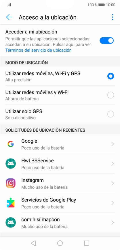 Si seleccionas Utilizar redes móviles, Wi-Fi y GPS, el teléfono podrá encontrar tu posición exacta con ayuda de los satélites GPS, la red móvil y una red wifi cercana. El GPS por satélite requiere vista libre al cielo.