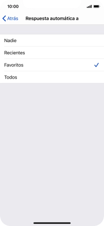 Pulsa el ajuste deseado para seleccionar qué contactos deben recibir un mensaje automático indicando que la función de 