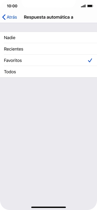 Pulsa el ajuste deseado para seleccionar qué contactos deben recibir un mensaje automático indicando que la función de 