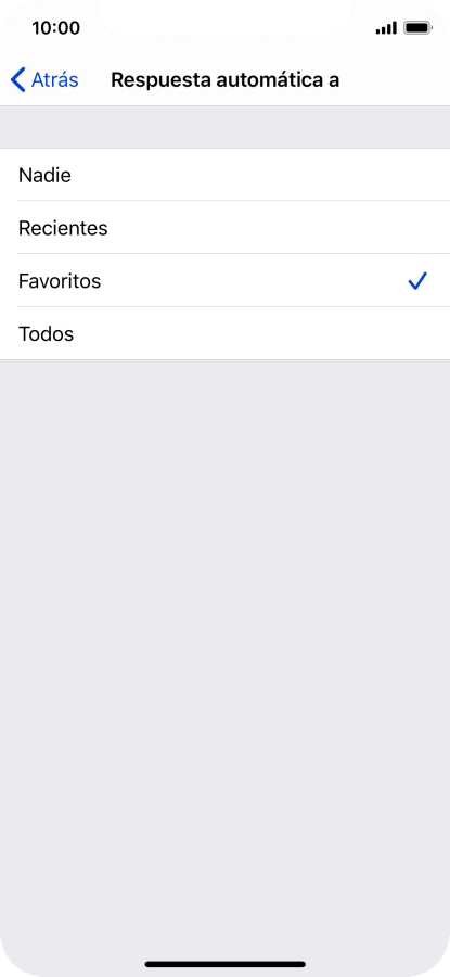 Pulsa el ajuste deseado para seleccionar qué contactos deben recibir un mensaje automático indicando que la función de 