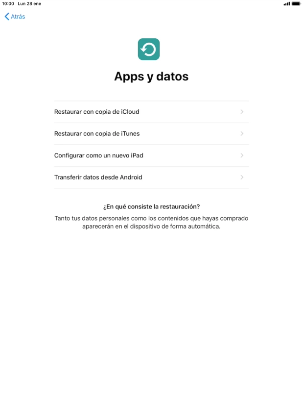 Puedes restaurar el contenido de una copia de seguridad en iCloud cuando la tablet se activa antes de utilizarla por primera vez y cuando la restableces. Cuando aparece esta imagen de pantalla, tu tablet está lista para restaurar el contenido de una copia de seguridad en iCloud.