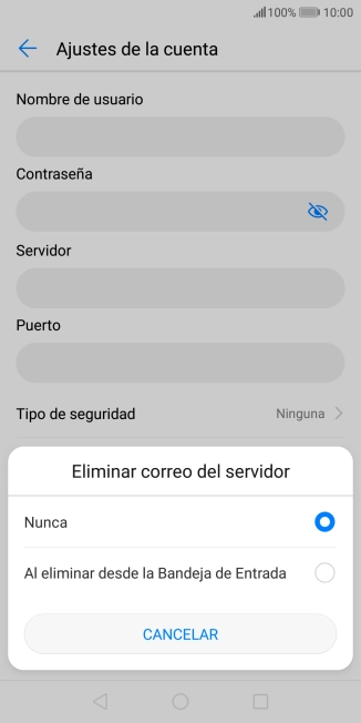 Pulsa Nunca para conservar los correos electrónicos en el servidor cuando los borras del teléfono.
