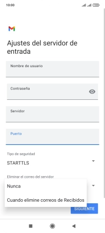 Pulsa Nunca para conservar los correos electrónicos en el servidor cuando los borras del teléfono.