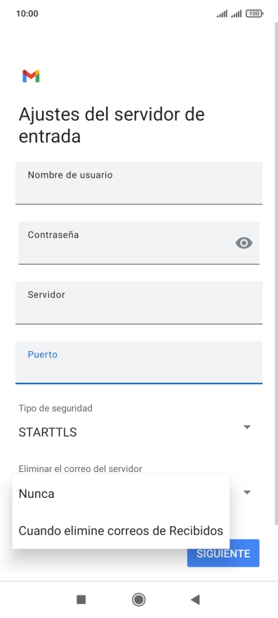 Pulsa Nunca para conservar los correos electrónicos en el servidor cuando los borras del teléfono.