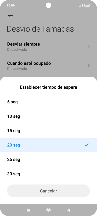 Si desvías las llamadas perdidas, tendrás que seleccionar un retardo para el desvío. Pulsa el retardo deseado.
