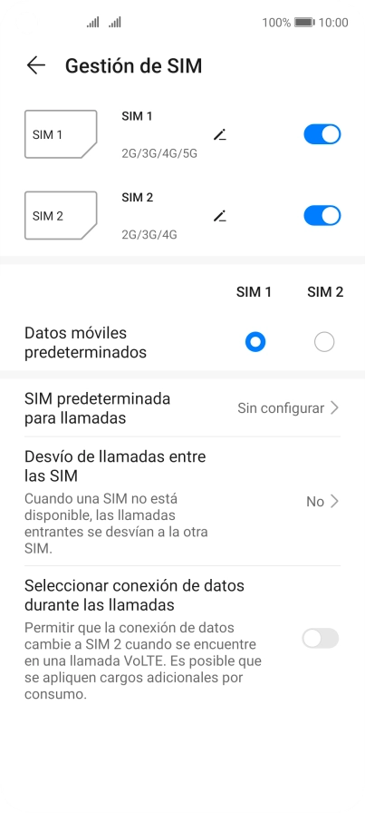 Pulsa el indicador junto a la tarjeta SIM deseada para activar o desactivar su uso.