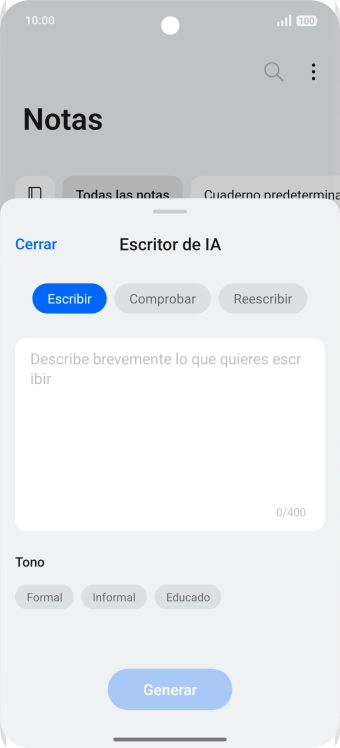 Pulsa en el campo de escritura e introduce el texto deseado, un tema o algunas palabras clave.