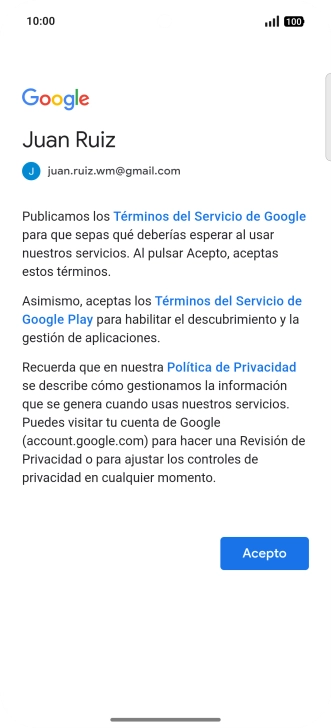 Pulsa Acepto y sigue las indicaciones de la pantalla para seleccionar los ajustes de tu cuenta de Google.