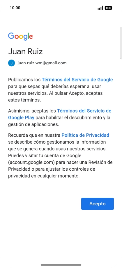 Pulsa Acepto y sigue las indicaciones de la pantalla para seleccionar los ajustes de tu cuenta de Google.