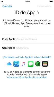 Si no tienes un ID de Apple, pulsa ¿No tienes un ID de Apple o lo has olvidado? y sigue las indicaciones de la pantalla para ver cómo crear un ID de Apple.