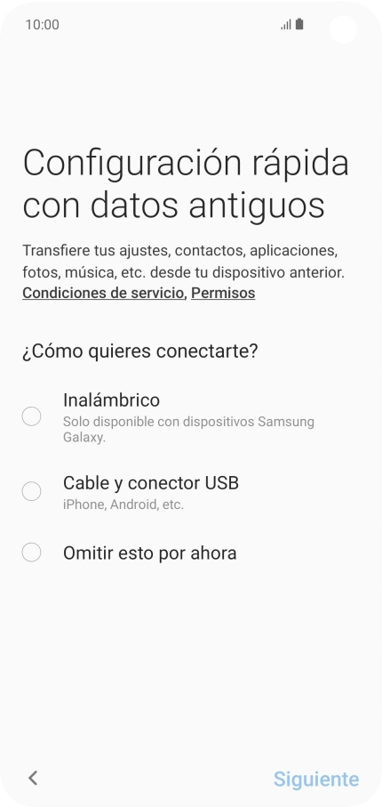 Puedes transferir el contenido de otro teléfono cuando activas tu teléfono por primera vez y cuando lo has restablecido. Cuando aparezca en la pantalla del teléfono esta imagen, ya está listo para la transmisión del contenido del otro teléfono.