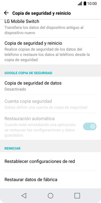 Pulsa Restaurar datos de fábrica.