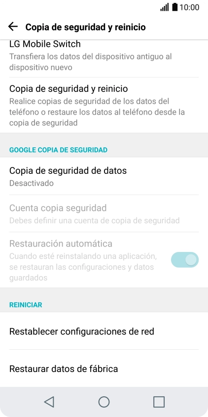 Pulsa Restaurar datos de fábrica.