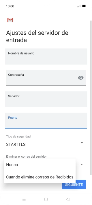 Pulsa Nunca para conservar los correos electrónicos en el servidor cuando los borras del teléfono.