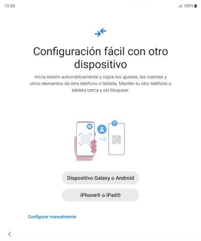 Pulsa la opción deseada para transferir contenido desde otro dispositivo y pulsa Configurar manualmente.