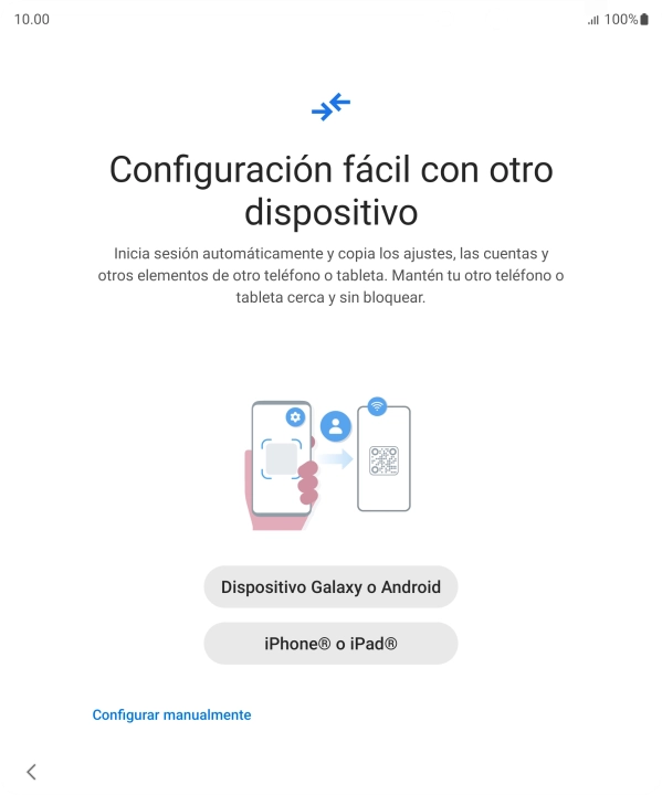 Pulsa la opción deseada para transferir contenido desde otro dispositivo y pulsa Configurar manualmente.
