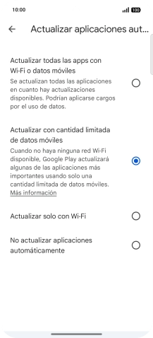 Para activar la actualización automática de apps utilizando la red móvil, pulsa Actualizar todas las apps con Wi-Fi o datos móviles.