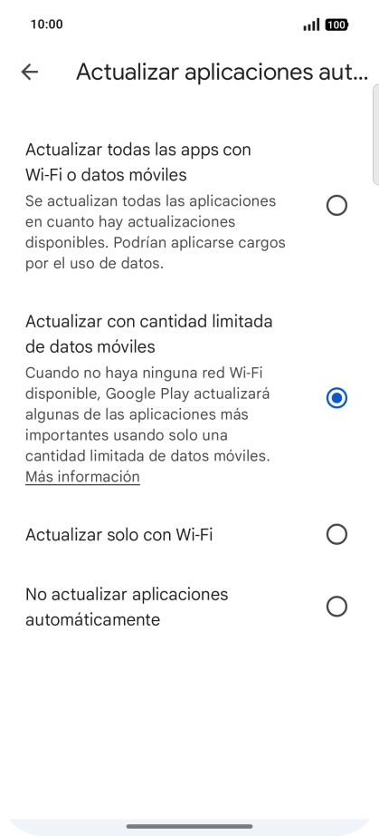 Para activar la actualización automática de apps utilizando la red móvil, pulsa Actualizar todas las apps con Wi-Fi o datos móviles.