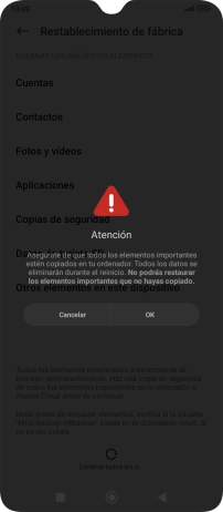 Pulsa OK. Espera unos instantes mientras el teléfono restablece la configuración predeterminada. Sigue las indicaciones de la pantalla para configurar el teléfono y dejarlo listo para su uso.