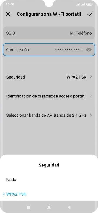Pulsa WPA2 PSK para proteger la conexión wifi con una contraseña.