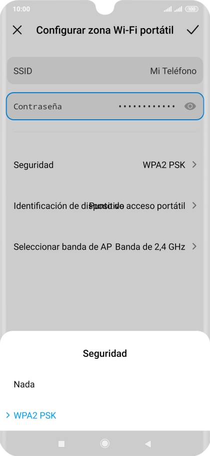 Pulsa WPA2 PSK para proteger la conexión wifi con una contraseña.