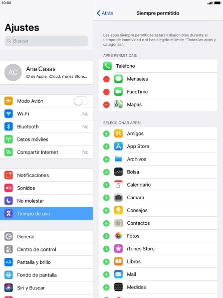 Pulsa el icono de añadir junto a la app deseada para añadirla a la lista de apps permitidas bajo el tiempo de inactividad de pantalla.