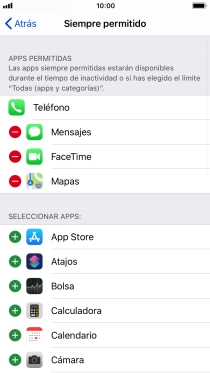 Pulsa el icono de añadir junto a la app deseada para añadirla a la lista de apps permitidas bajo el tiempo de inactividad de pantalla.