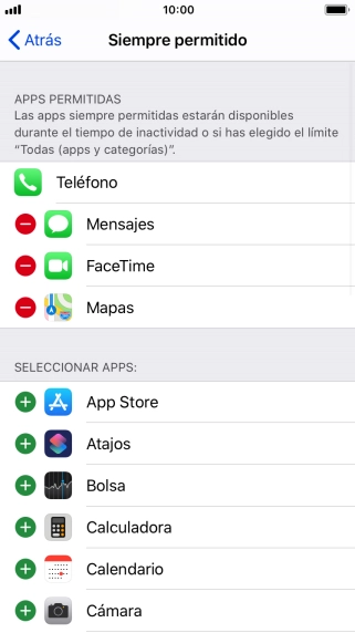 Pulsa el icono de añadir junto a la app deseada para añadirla a la lista de apps permitidas bajo el tiempo de inactividad de pantalla.