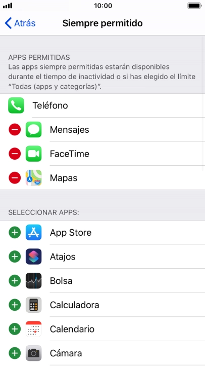 Pulsa el icono de añadir junto a la app deseada para añadirla a la lista de apps permitidas bajo el tiempo de inactividad de pantalla.
