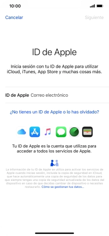 Si no tienes un ID de Apple, pulsa ¿No tienes un ID de Apple o lo has olvidado? y sigue las indicaciones de la pantalla para ver cómo crear un ID de Apple.