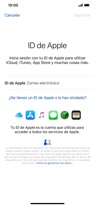 Si no tienes un ID de Apple, pulsa ¿No tienes un ID de Apple o lo has olvidado? y sigue las indicaciones de la pantalla para ver cómo crear un ID de Apple.