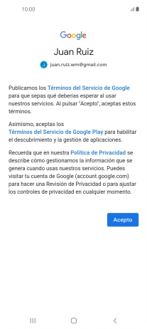 Pulsa Acepto y sigue las indicaciones de la pantalla para seleccionar los ajustes de tu cuenta de Google.