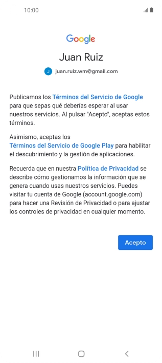 Pulsa Acepto y sigue las indicaciones de la pantalla para seleccionar los ajustes de tu cuenta de Google.