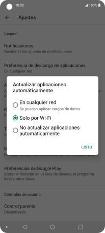 Para activar la actualización automática de apps utilizando la red móvil, pulsa En cualquier red.