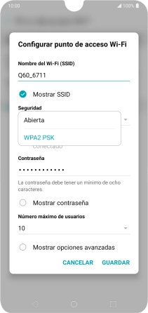 Pulsa WPA2 PSK para proteger la conexión wifi con una contraseña.