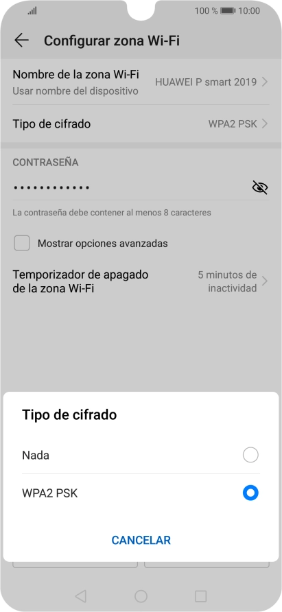 Pulsa WPA2 PSK para proteger la conexión wifi con una contraseña.