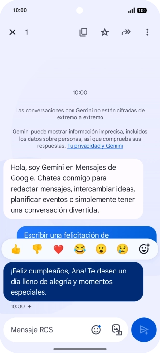 Pulsa la propuesta de texto de Gemini durante unos instantes. Sigue las indicaciones de la pantalla para utilizar el texto propuesto.