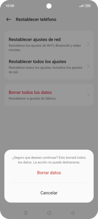 Pulsa Borrar datos. Espera unos instantes mientras el teléfono restablece la configuración predeterminada. Sigue las indicaciones de la pantalla para configurar el teléfono y dejarlo listo para su uso.