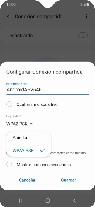 Pulsa WPA2 PSK para proteger la conexión wifi con una contraseña.