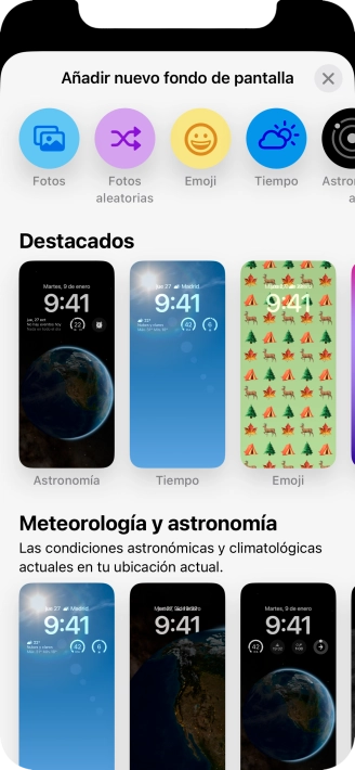 Pulsa una categoría y sigue las indicaciones de la pantalla para seleccionar la imagen de fondo deseada.