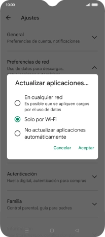 Para activar la actualización automática de apps utilizando la red móvil, pulsa En cualquier red.