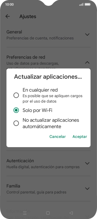 Para activar la actualización automática de apps utilizando la red móvil, pulsa En cualquier red.