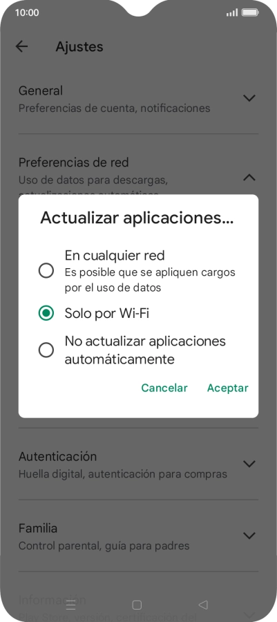 Para activar la actualización automática de apps utilizando la red móvil, pulsa En cualquier red.