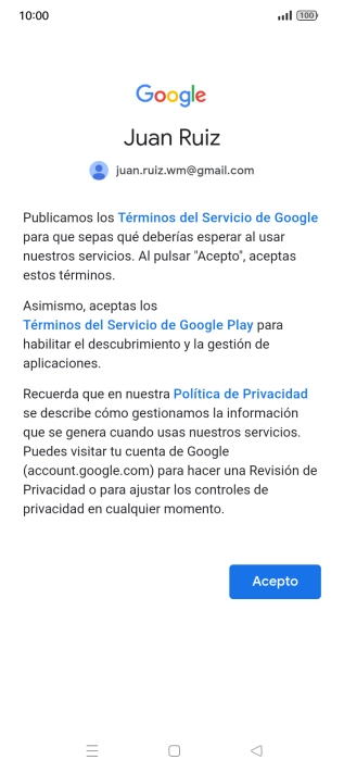 Pulsa Acepto y sigue las indicaciones de la pantalla para seleccionar los ajustes de tu cuenta de Google.