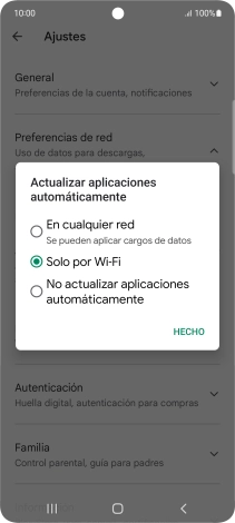 Para activar la actualización automática de apps utilizando la red móvil, pulsa En cualquier red.