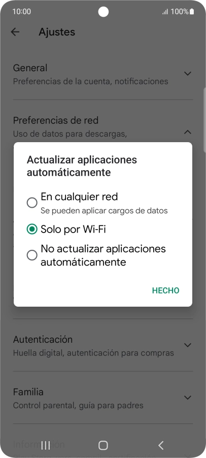 Para activar la actualización automática de apps utilizando la red móvil, pulsa En cualquier red.