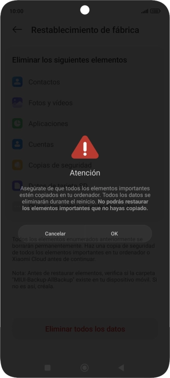 Pulsa OK. Espera unos instantes mientras el teléfono restablece la configuración predeterminada. Sigue las indicaciones de la pantalla para configurar el teléfono y dejarlo listo para su uso.