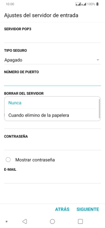 Pulsa Nunca para conservar los correos electrónicos en el servidor cuando los borras del teléfono.
