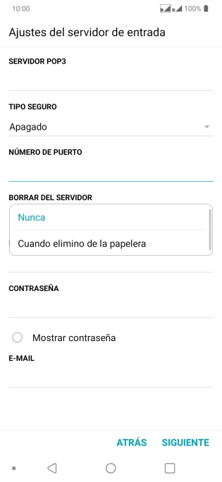 Pulsa Nunca para conservar los correos electrónicos en el servidor cuando los borras del teléfono.